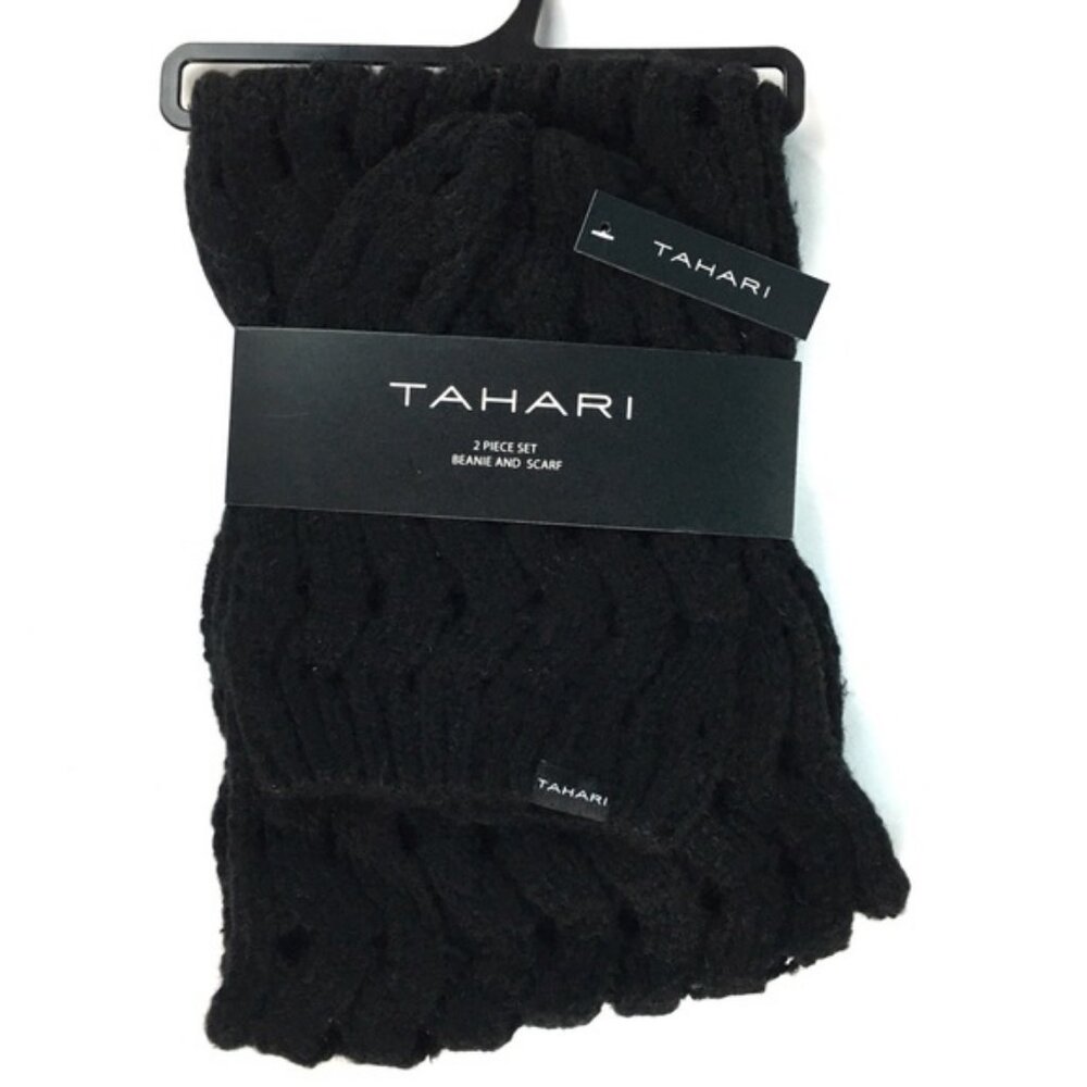 Tahari 2-Piece Black Knit Beanie & Scarf Set NWT | Wavy Pattern Winter Bundle